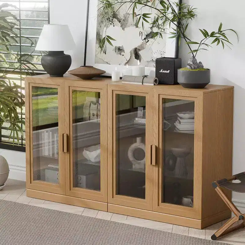 Credenza a Buffet in Legno Naturale con 4 Ante in Vetro – 157,5 cm L x 91,4 cm H