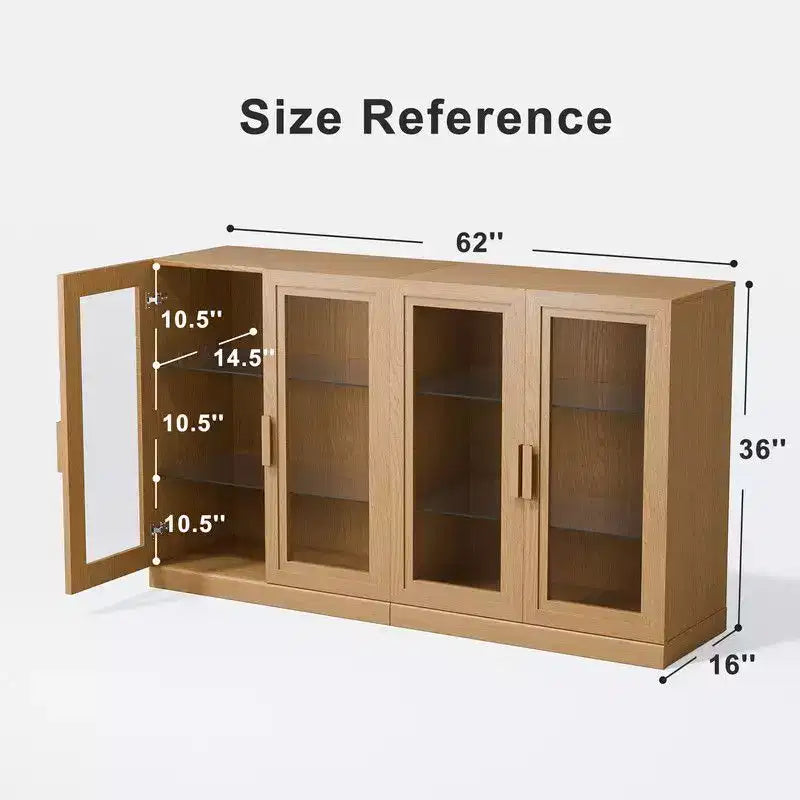Credenza a Buffet in Legno Naturale con 4 Ante in Vetro – 157,5 cm L x 91,4 cm H