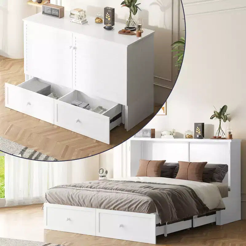 Letto a scomparsa matrimoniale/queen, grigio/bianco, con USB e 2 cassetti, per 2 persone