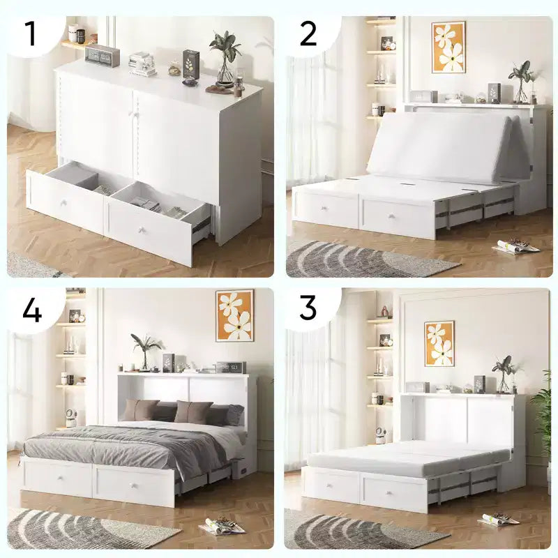 Letto a scomparsa matrimoniale/queen, grigio/bianco, con USB e 2 cassetti, per 2 persone