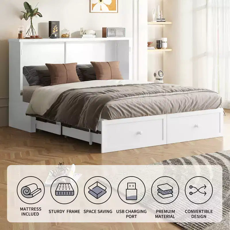 Letto a scomparsa matrimoniale/queen, grigio/bianco, con USB e 2 cassetti, per 2 persone