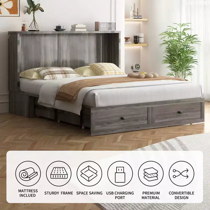Letto a scomparsa matrimoniale/queen, grigio/bianco, con USB e 2 cassetti, per 2 persone