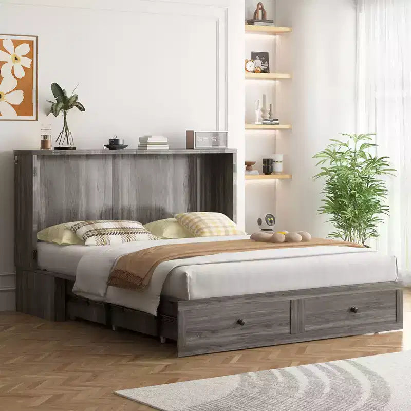 Letto a scomparsa matrimoniale/queen, grigio/bianco, con USB e 2 cassetti, per 2 persone