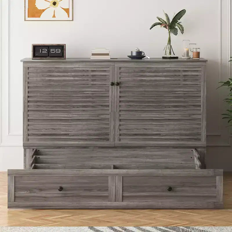 Letto a scomparsa matrimoniale/queen, grigio/bianco, con USB e 2 cassetti, per 2 persone