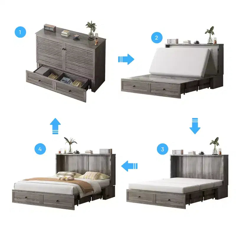 Letto a scomparsa matrimoniale/queen, grigio/bianco, con USB e 2 cassetti, per 2 persone