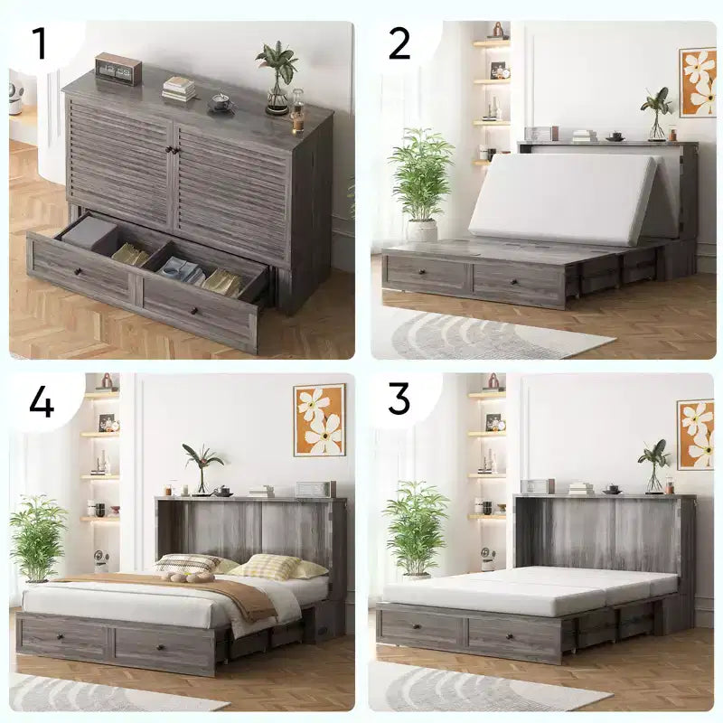 Letto a scomparsa matrimoniale/queen, grigio/bianco, con USB e 2 cassetti, per 2 persone