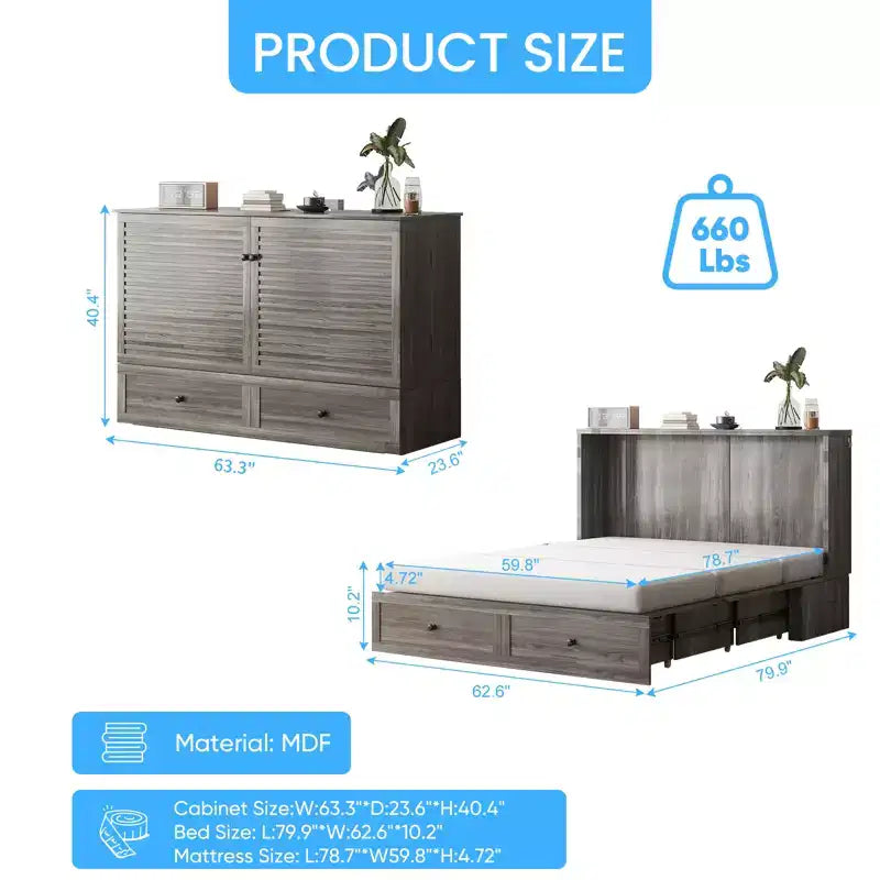 Letto a scomparsa matrimoniale/queen, grigio/bianco, con USB e 2 cassetti, per 2 persone