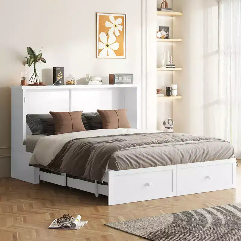 Letto a scomparsa matrimoniale/queen, grigio/bianco, con USB e 2 cassetti, per 2 persone