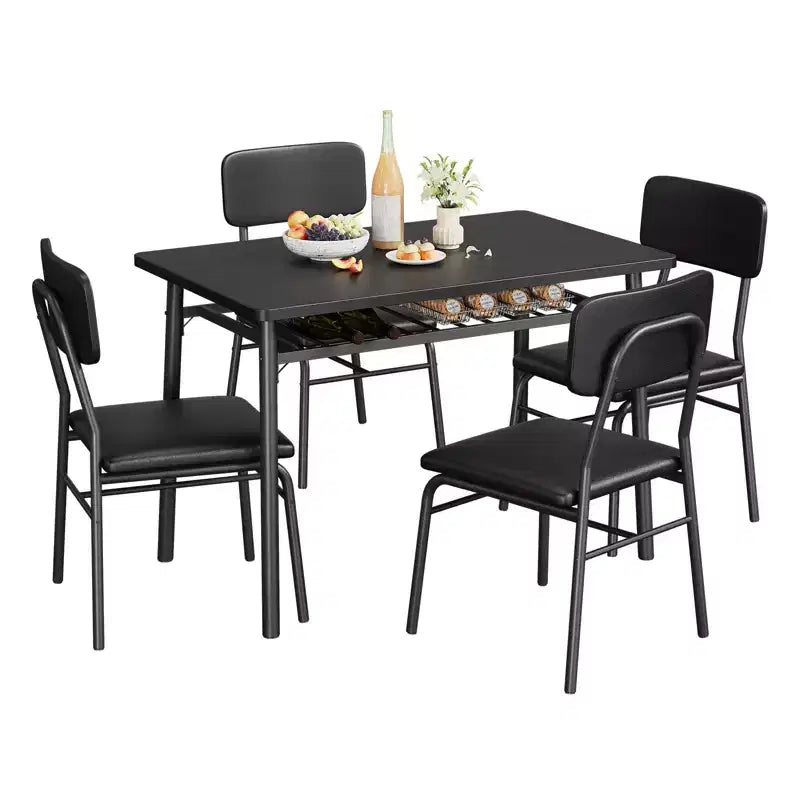 Set da tavolo da pranzo nero da 5 pezzi, 4 posti a sedere, struttura in metallo con sedie imbottite