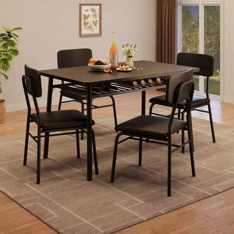 Set da tavolo da pranzo nero da 5 pezzi, 4 posti a sedere, struttura in metallo con sedie imbottite