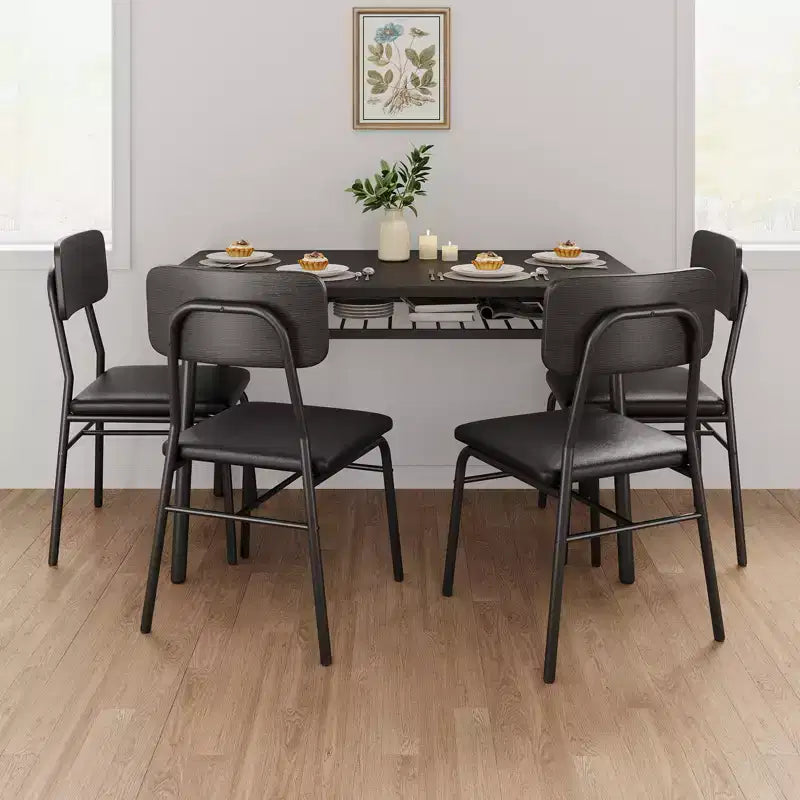 Set da tavolo da pranzo nero da 5 pezzi, 4 posti a sedere, struttura in metallo con sedie imbottite
