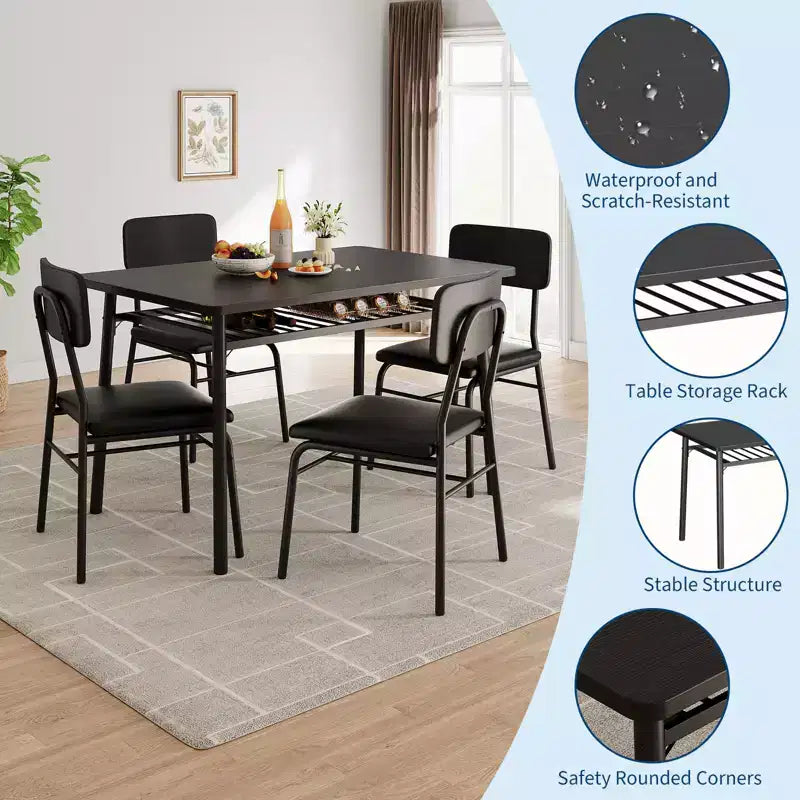 Set da tavolo da pranzo nero da 5 pezzi, 4 posti a sedere, struttura in metallo con sedie imbottite