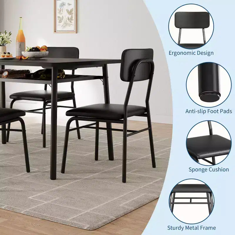 Set da tavolo da pranzo nero da 5 pezzi, 4 posti a sedere, struttura in metallo con sedie imbottite