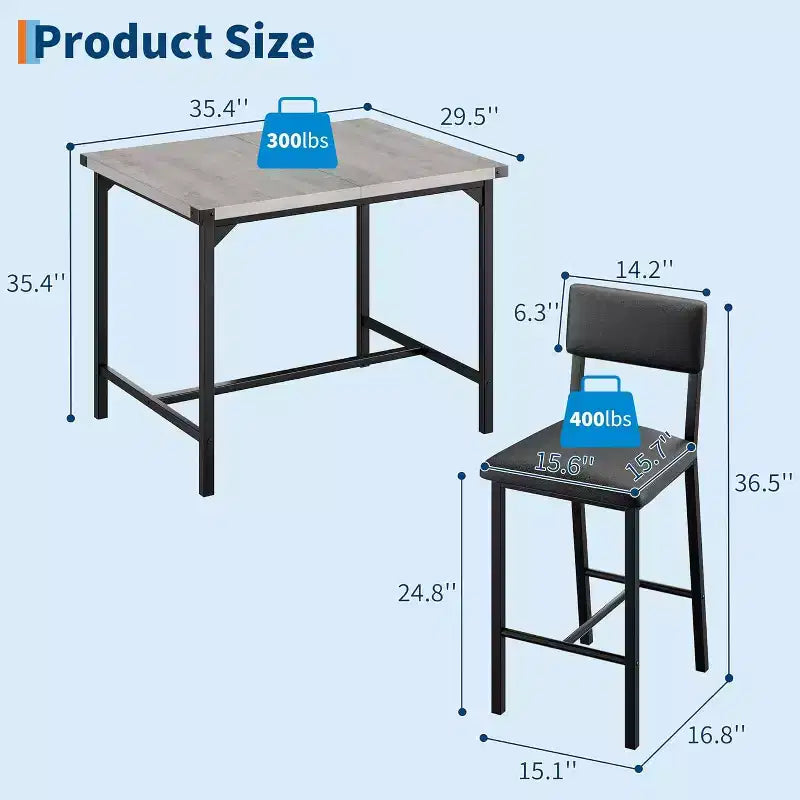Set da pranzo da 3 pezzi altezza bancone per 2 persone, sgabelli da bar imbottiti