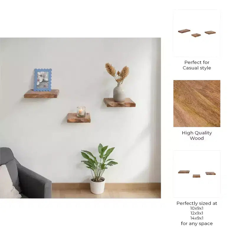 Mensole Fluttuanti da Parete in Legno di Mango Naturale, Set da 3
