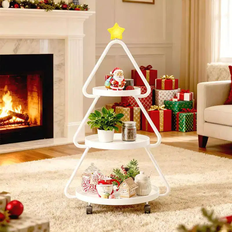 Carrello in metallo a 3 ripiani verde/bianco a rotelle per albero di Natale – Capacità 1