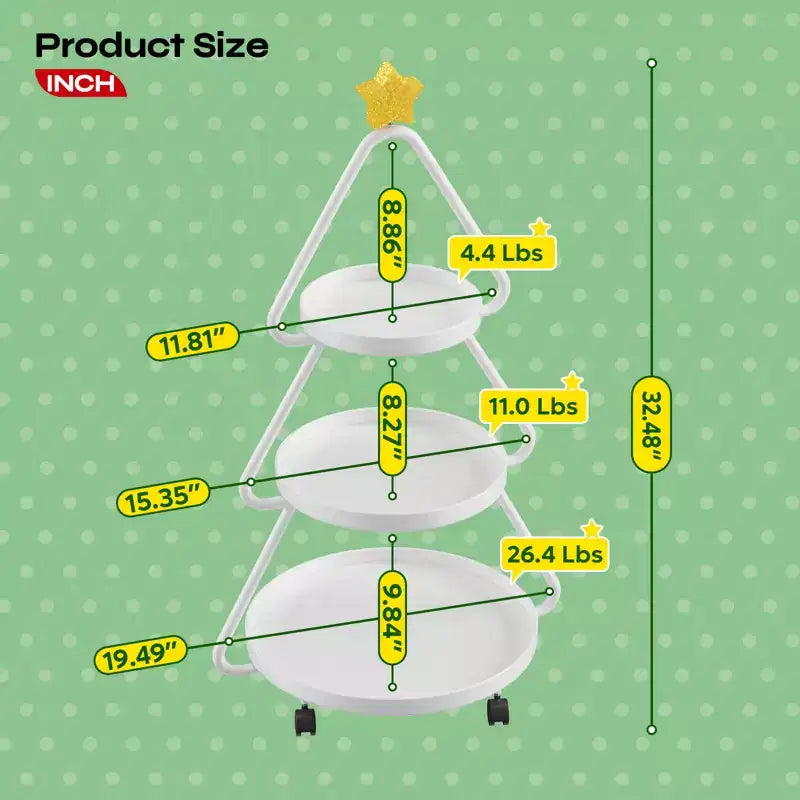 Carrello in metallo a 3 ripiani verde/bianco a rotelle per albero di Natale – Capacità 1