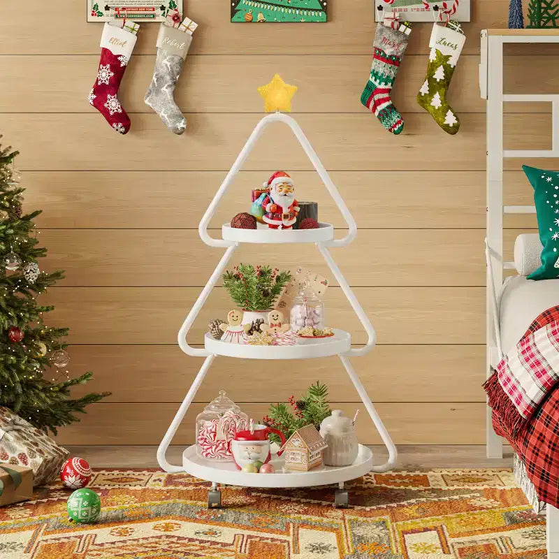 Carrello in metallo a 3 ripiani verde/bianco a rotelle per albero di Natale – Capacità 1
