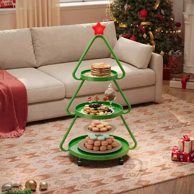 Carrello in metallo a 3 ripiani verde/bianco a rotelle per albero di Natale – Capacità 1