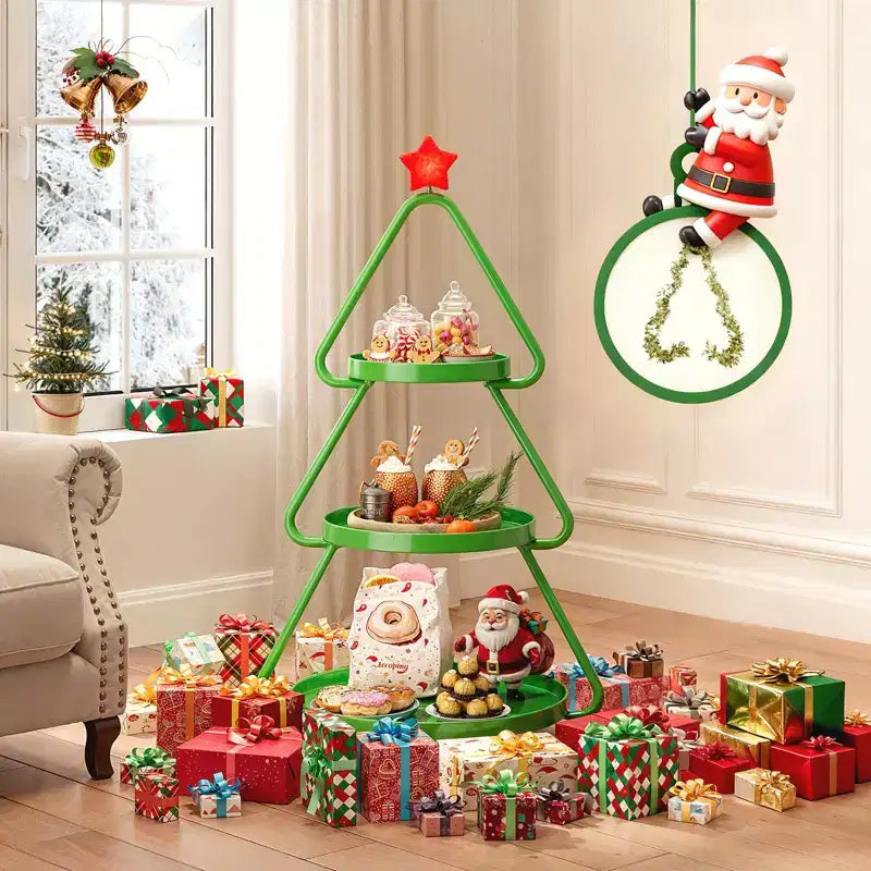 Carrello in metallo a 3 ripiani verde/bianco a rotelle per albero di Natale – Capacità 1
