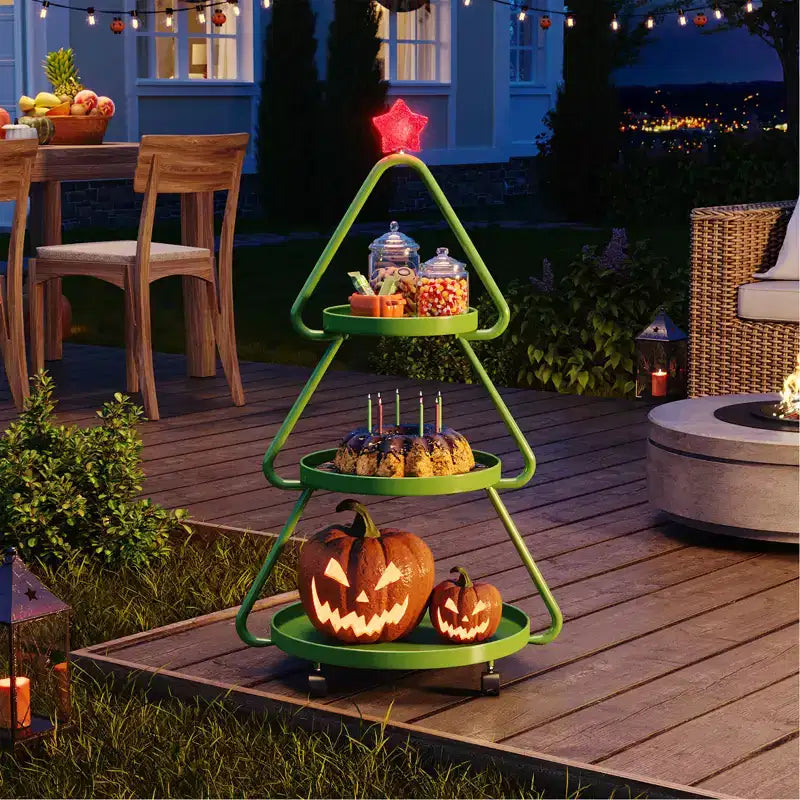 Carrello in metallo a 3 ripiani verde/bianco a rotelle per albero di Natale – Capacità 1