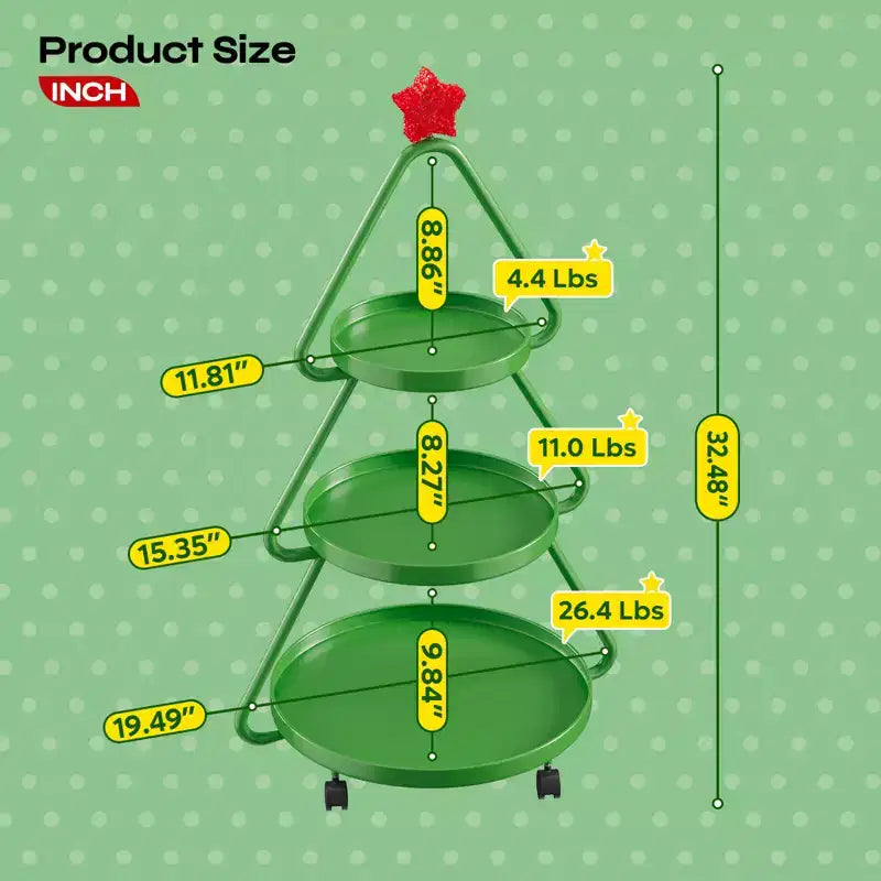 Carrello in metallo a 3 ripiani verde/bianco a rotelle per albero di Natale – Capacità 1