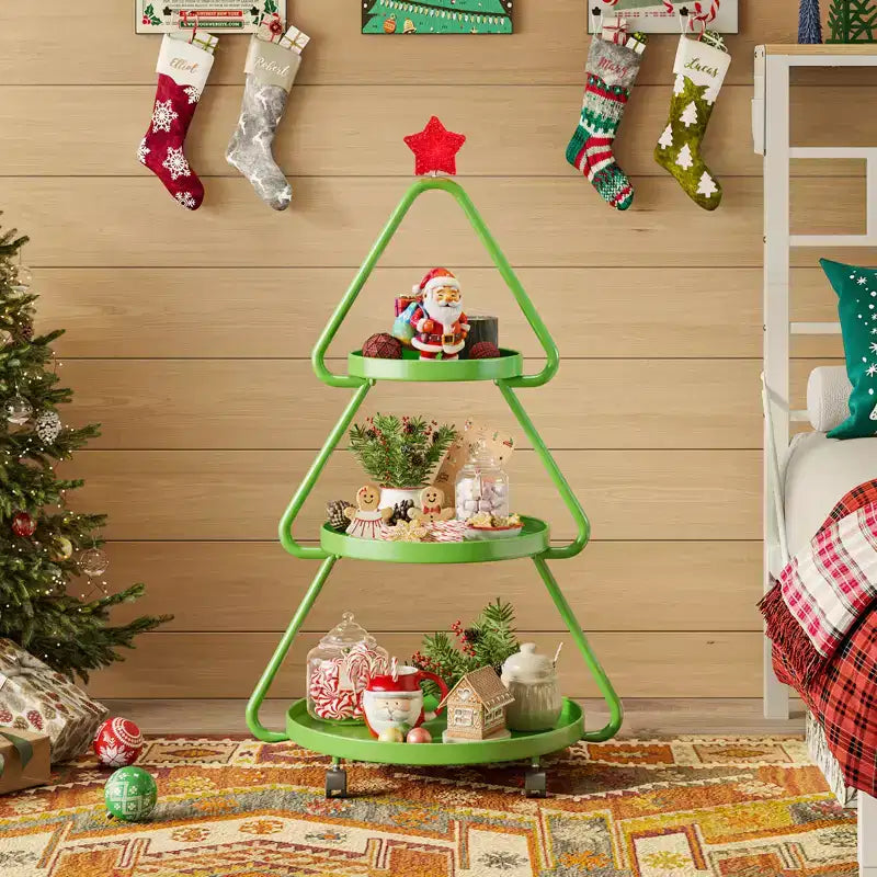 Carrello in metallo a 3 ripiani verde/bianco a rotelle per albero di Natale – Capacità 1