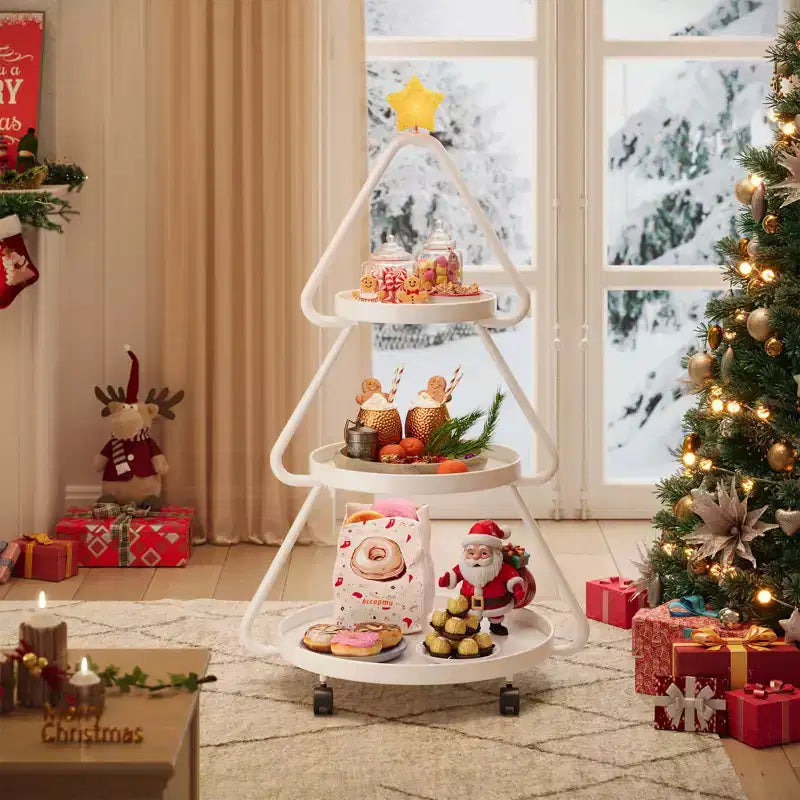 Carrello in metallo a 3 ripiani verde/bianco a rotelle per albero di Natale – Capacità 1