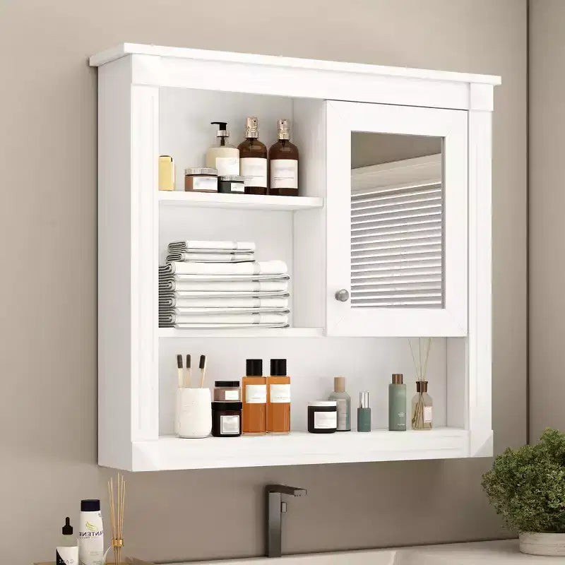Armadietto a specchio da bagno montato a parete bianco con 4 ripiani, anta singola, 1 persona