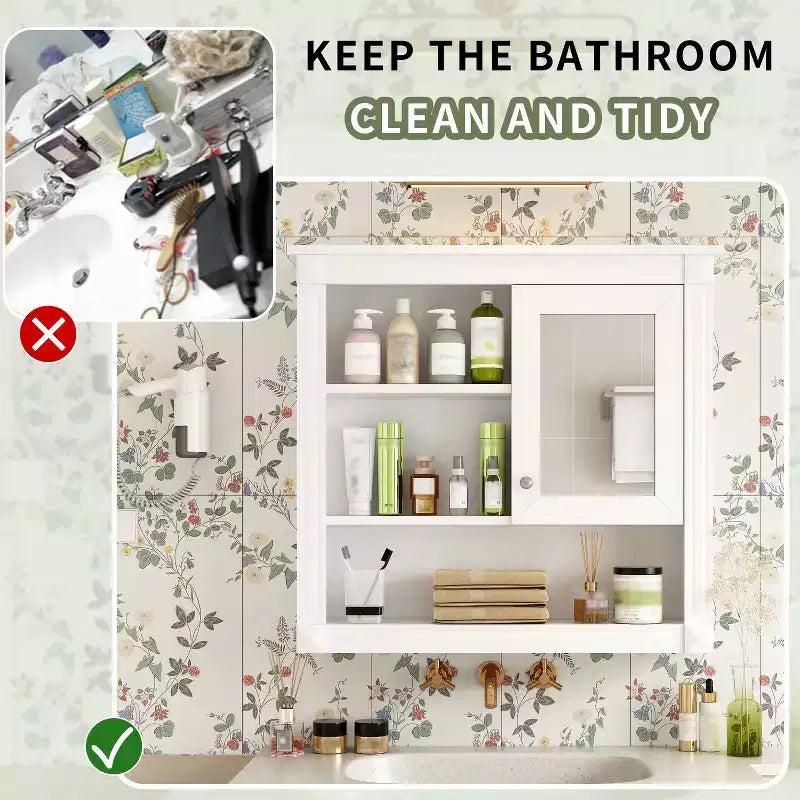 Armadietto a specchio da bagno montato a parete bianco con 4 ripiani, anta singola, 1 persona