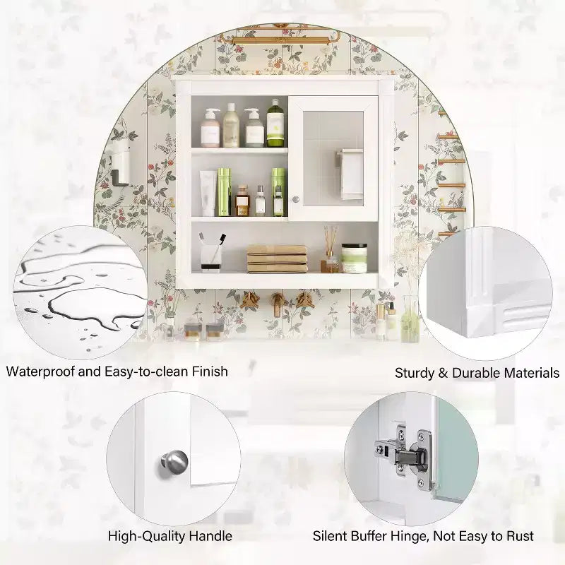 Armadietto a specchio da bagno montato a parete bianco con 4 ripiani, anta singola, 1 persona