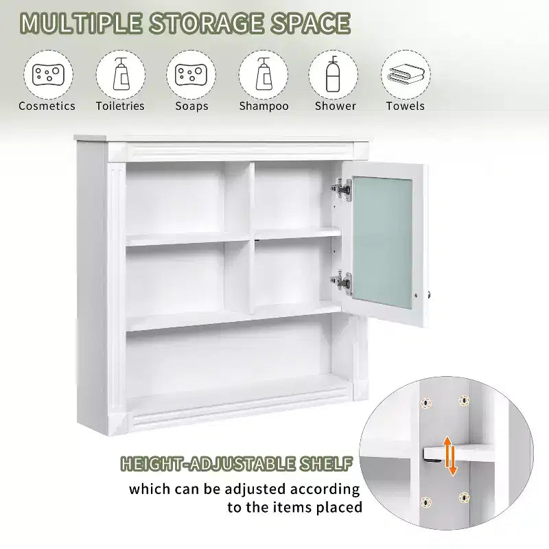 Armadietto a specchio da bagno montato a parete bianco con 4 ripiani, anta singola, 1 persona