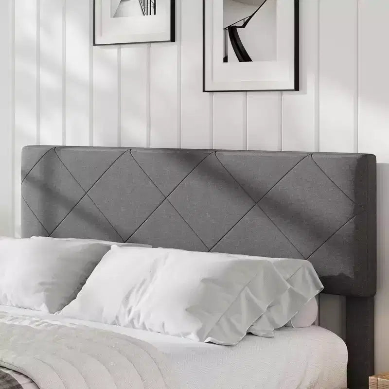 Struttura letto king-size imbottita grigio scuro, testiera trapuntata a rombi, per 1-2 persone