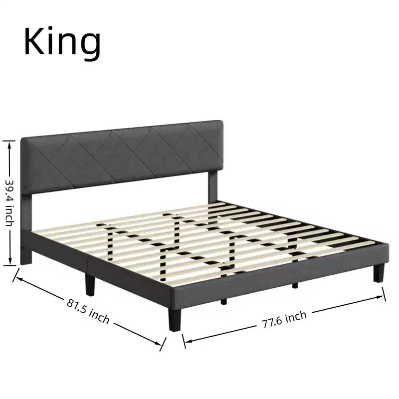 Struttura letto king-size imbottita grigio scuro, testiera trapuntata a rombi, per 1-2 persone