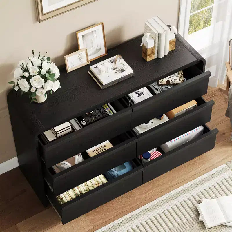 Cassettiera a 6 cassetti, design curvo ad arco, beige / nero / bianco, autoportante