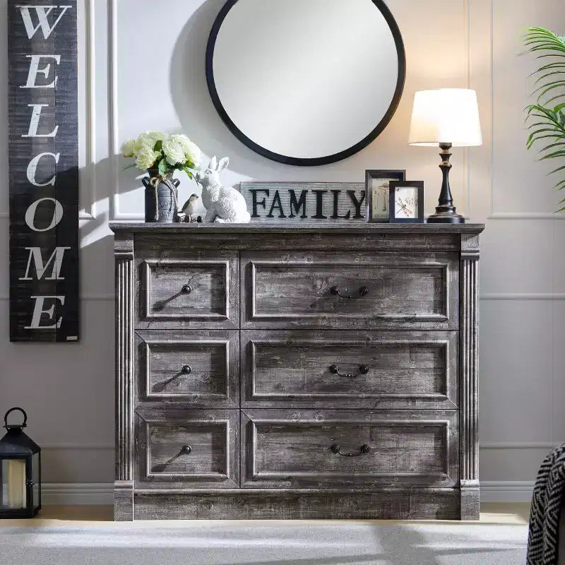 Cassettiera a 6 cassetti in stile rustico – Marrone chiaro / Grigio chiaro / Bianco, Stile colonna romana, Per 1 persona