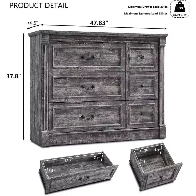 Cassettiera a 6 cassetti in stile rustico – Marrone chiaro / Grigio chiaro / Bianco, Stile colonna romana, Per 1 persona
