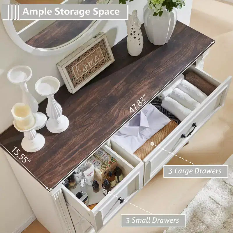 Cassettiera a 6 cassetti in stile rustico – Marrone chiaro / Grigio chiaro / Bianco, Stile colonna romana, Per 1 persona