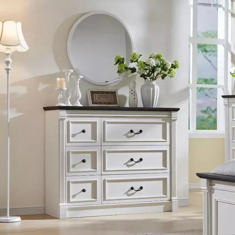 Cassettiera a 6 cassetti in stile rustico – Marrone chiaro / Grigio chiaro / Bianco, Stile colonna romana, Per 1 persona
