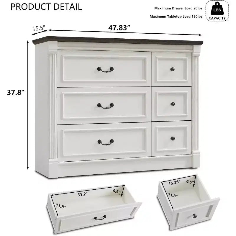 Cassettiera a 6 cassetti in stile rustico – Marrone chiaro / Grigio chiaro / Bianco, Stile colonna romana, Per 1 persona