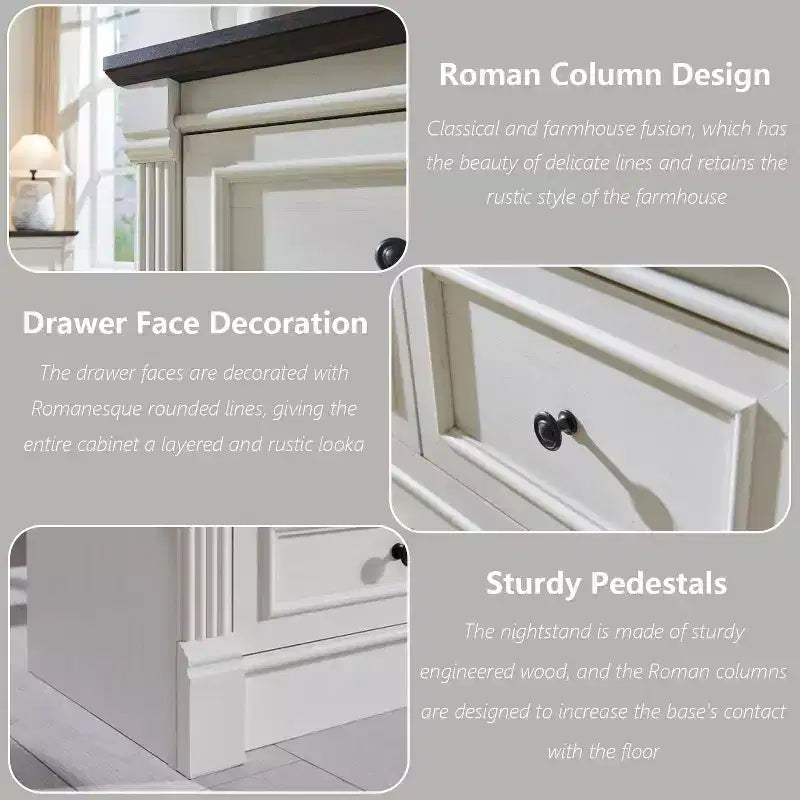 Cassettiera a 6 cassetti in stile rustico – Marrone chiaro / Grigio chiaro / Bianco, Stile colonna romana, Per 1 persona
