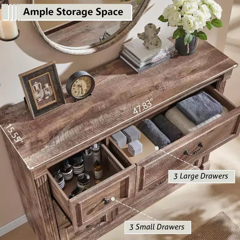 Cassettiera a 6 cassetti in stile rustico – Marrone chiaro / Grigio chiaro / Bianco, Stile colonna romana, Per 1 persona