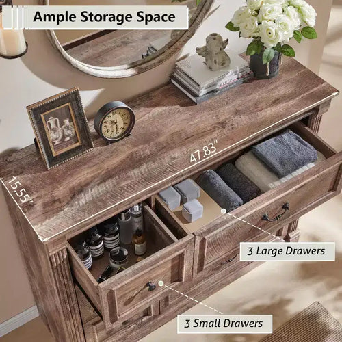 Cassettiera a 6 cassetti in stile rustico – Marrone chiaro / Grigio chiaro / Bianco, Stile colonna romana, Per 1 persona
