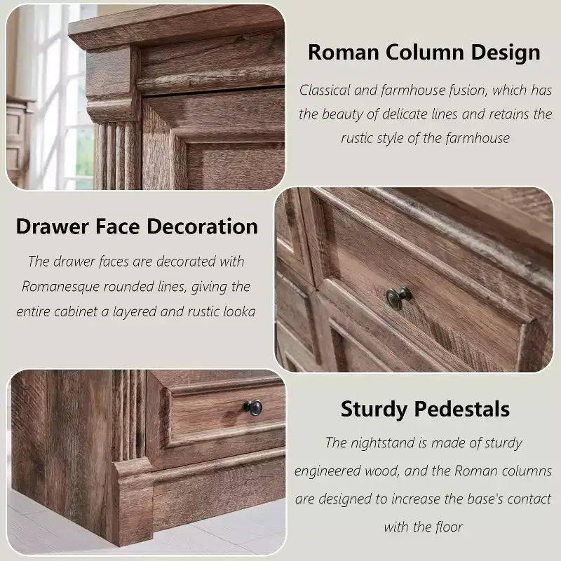 Cassettiera a 6 cassetti in stile rustico – Marrone chiaro / Grigio chiaro / Bianco, Stile colonna romana, Per 1 persona