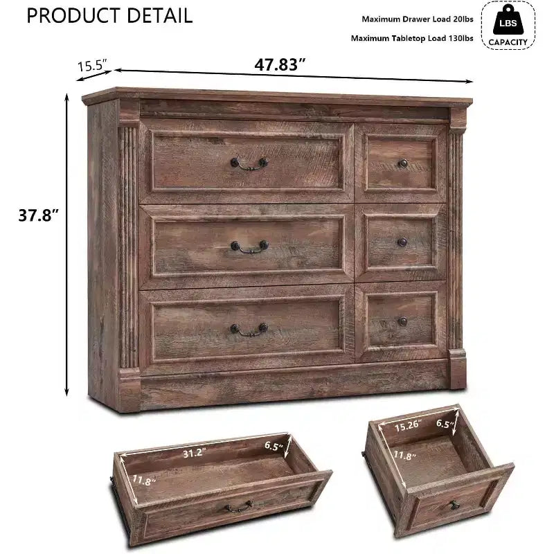 Cassettiera a 6 cassetti in stile rustico – Marrone chiaro / Grigio chiaro / Bianco, Stile colonna romana, Per 1 persona