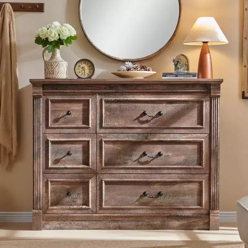 Cassettiera a 6 cassetti in stile rustico – Marrone chiaro / Grigio chiaro / Bianco, Stile colonna romana, Per 1 persona