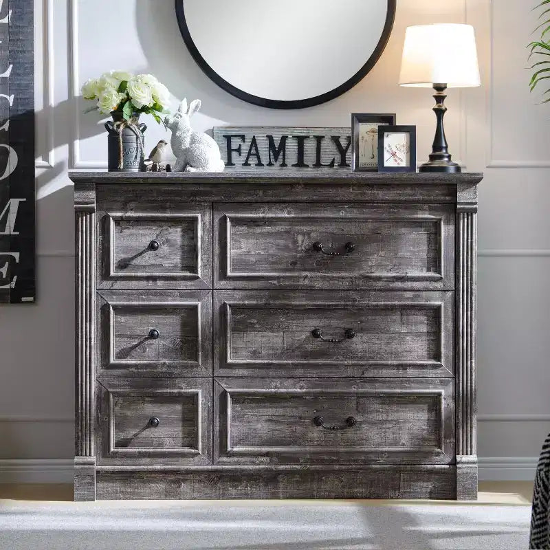Cassettiera a 6 cassetti in stile rustico – Marrone chiaro / Grigio chiaro / Bianco, Stile colonna romana, Per 1 persona